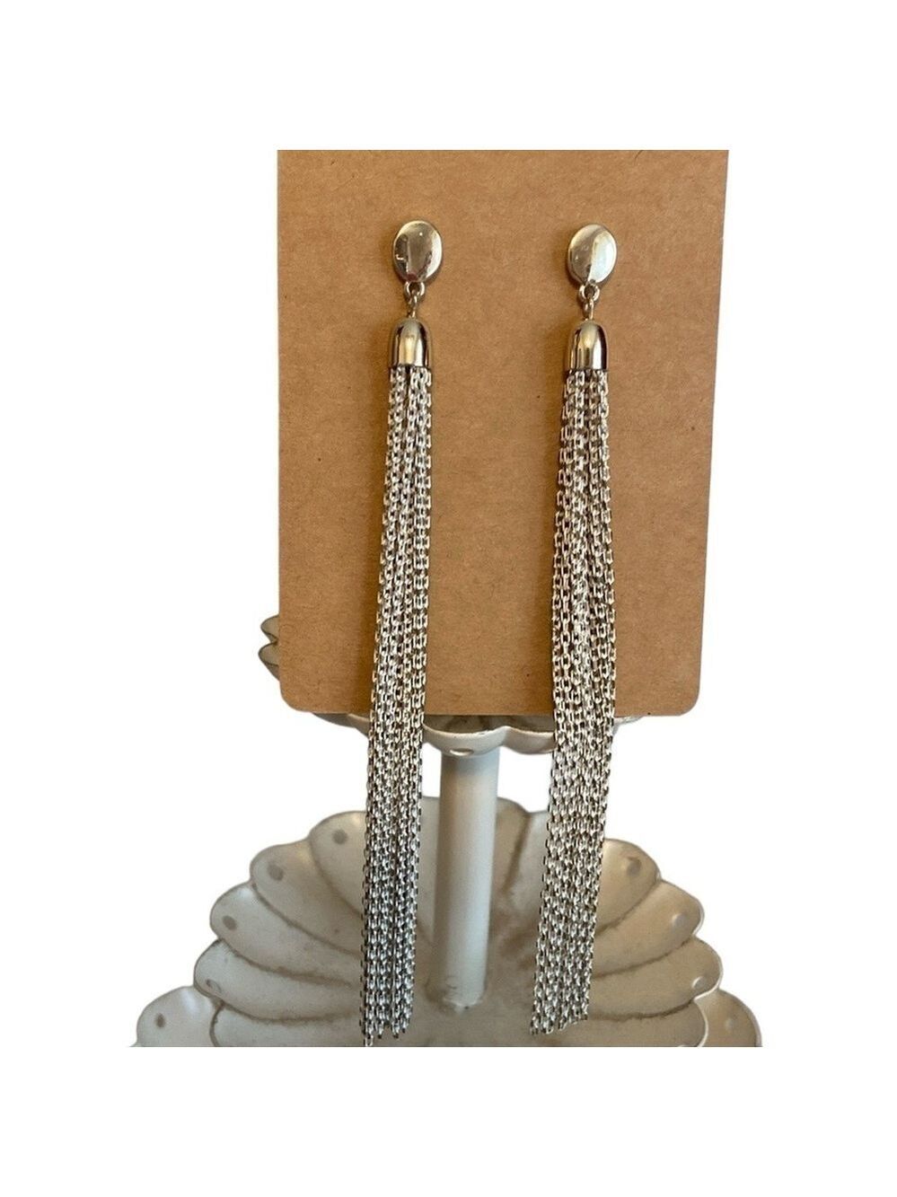 Tassel Chain Earrings Dangly Fringe Gold & White 4.5”